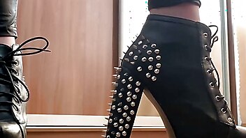 Feet dildo talk, leather femdom heels, cock feet trample, breath smelling, punishment shoes